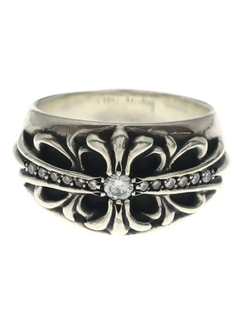 Chrome Hearts Flrl Crs P Dmnd Floral Black Sling Pave Diamond Silver Ring